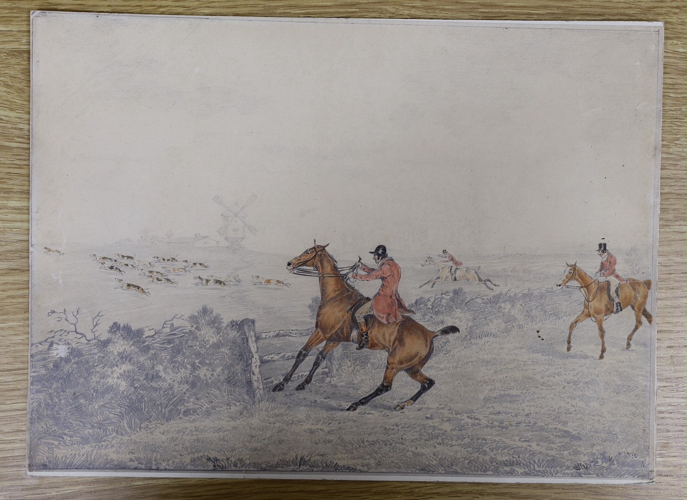 Attributed to Henry Alken, watercolour and pencil, Hunting scene, 25 x 35cm, unframed